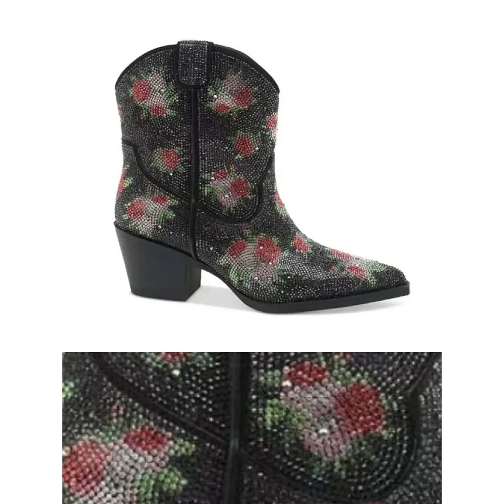 Wild Pair Lacey Black Bling Cowboy Boots SZ 7.5 NWT Pink Floral Festie